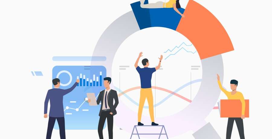 Group of analysts working on graphs. Building chart, presentation, report. Analysis concept. Vector illustration can be used for topics like business, marketing, teamwork